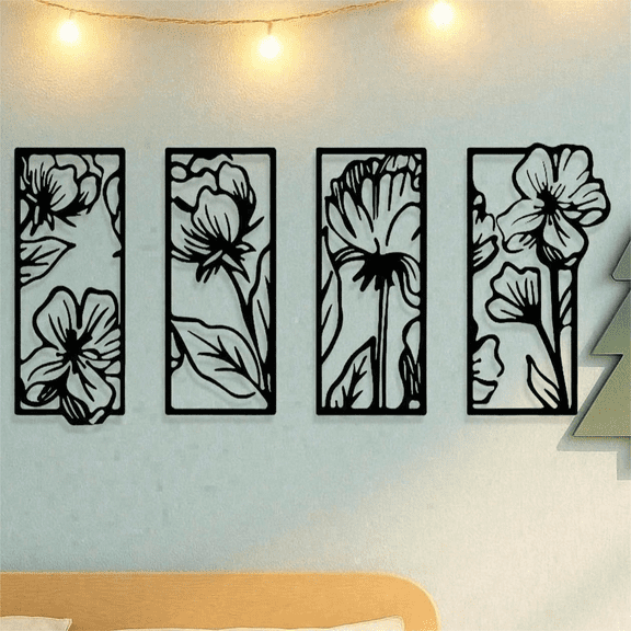 4Pcs Vintage Metal Wall Art Set - Gothic Floral Scroll Design Botanical Sculpture Decor for Living Room/Bedroom