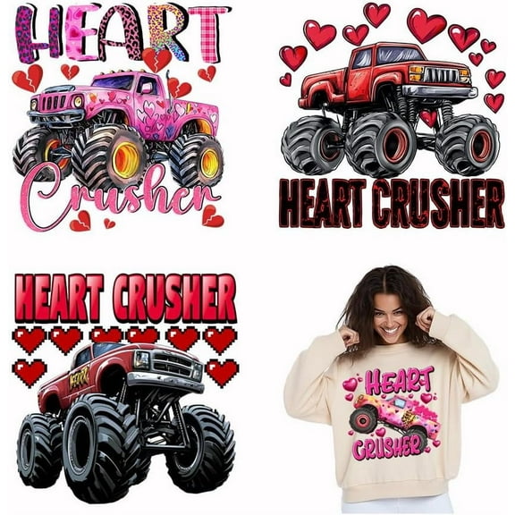 4Pcs Vintage Monster Truck Heat Transfer Stickers Heart Crusher Iron on Transfers Iron on Patches Stickers Washable Sticker Paper for Clothing T-Shirt Jeans Backpacks DIY Applique for DIY