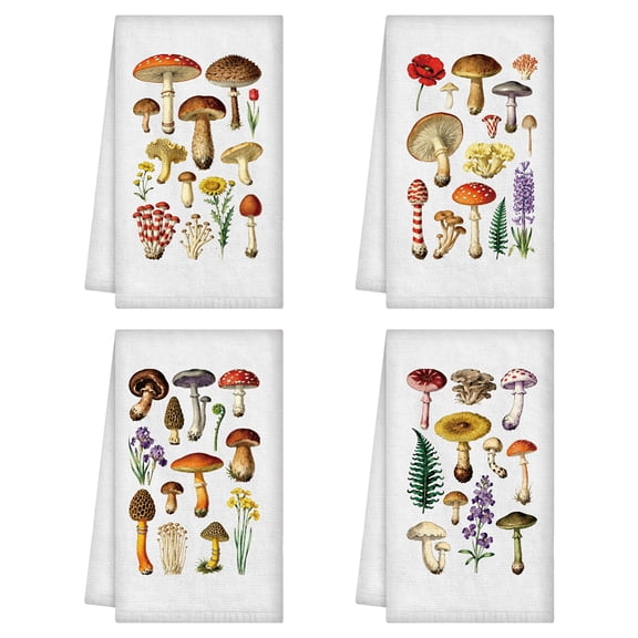 4Pcs Vintage Mushrooms Theme Hand Towels Funny Mushroom Flower Fern Decorative Tea Dish Towel Soft Absorbent Rustic Kitchen Dish ClothDIY