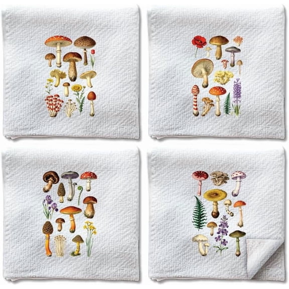 4Pcs Vintage Mushrooms Theme Hand Towels Funny Mushroom Flower Fern Decorative Tea Dish Towel Soft Absorbent Rustic Kitchen Dish Cloth