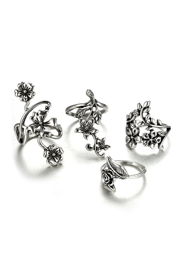 4Pcs Vintage Silver Flower Rings Set, Boho Stackable Open Rings for Women, Retro Carved Floral Knuckle Rings, Gothic Punk Jewelry Gift for Party Daily Wear