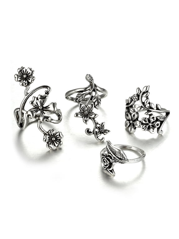 4Pcs Vintage Silver Flower Rings Set, Boho Stackable Open Rings for Women, Retro Carved Floral Knuckle Rings, Gothic Punk Jewelry Gift for Party Daily Wear