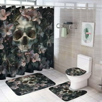 4Pcs Vintage Skull Fantasy Shower Curtain Set, Non-Slip Rugs Toilet Lid Cover Bath Mat, Gothic Skeleton Floral Rustic Plants Bathroom Shower Decor Sets Accessories, 72" x 72"