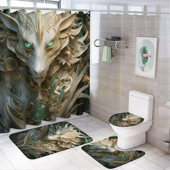 4Pcs Vintage White Dragon Bathroom with Shower Curtain set Rugs Mats Accessory Traditional Mysterious Beautiful Animal Bathroom Decorations Sets with Non Slip Rugs Toilet Lid Cover Bath Mat, Style-4