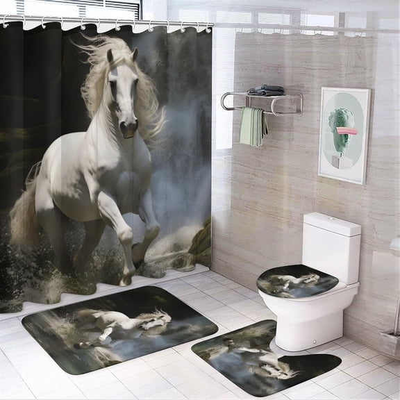 4Pcs Vintage White Horses Shower Curtain Sets, Winter Forest Rustic Animals Bathroom Set with Shower Curtain, Toilet Lid Rug, Non-Slip Rugs and Bath Mat Waterproof Curtain Set