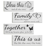 4Pcs Wall Decor Family Sign,Family Wall Decor for Living Room,This is Us/ Together/ Bless this/ Family Rustic Wooden Farmhouse Wall Decor Housewarming Gifts