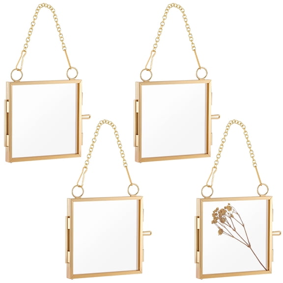4Pcs Wall Hanging Brass Double Folding Picture Frames with Glass Window for Home Decoration Golden Square 118mm