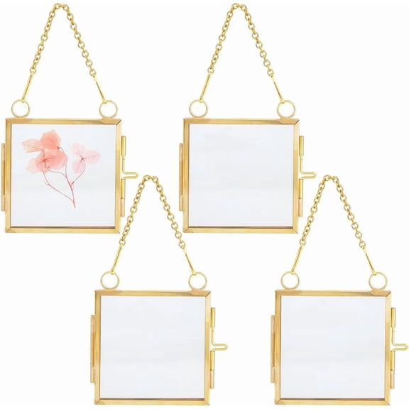 4Pcs Wall Hanging Brass Double Folding Picture Frames with Glass Window for Home Decoration Square 119mm for Handmade