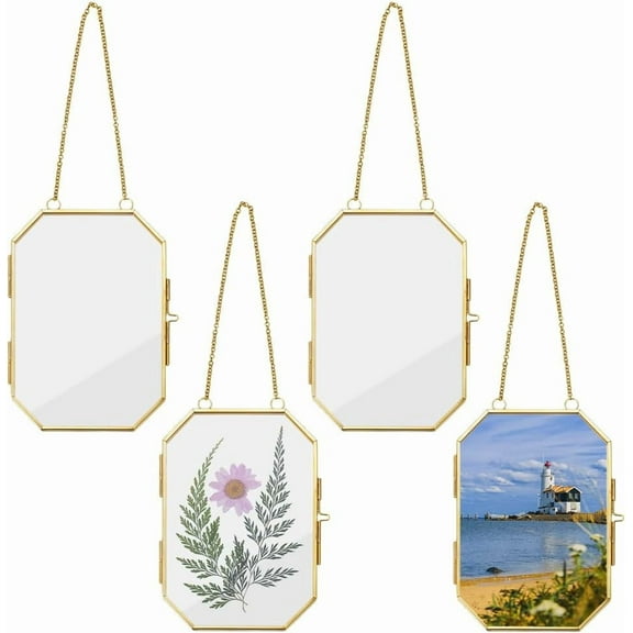 4Pcs Wall Hanging Photo Frames 6.5x4.2 Inch Double Glass Picture Frame with Chain Octagonal Brass Frame DIY Vintage Artwork Display Frames for Pressed Flowers Pictures Home Wall diy