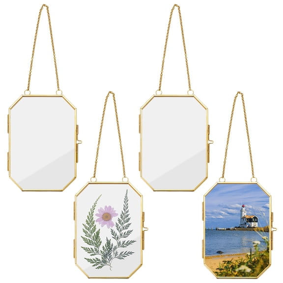 4Pcs Wall Hanging Photo Frames 6.5x4.2 Inch Double Glass Picture Frame with Chain Octagonal Brass Frame DIY Vintage Artwork Display Frames for