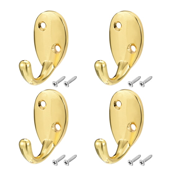 4Pcs Wall Mounted Hook Robe Hooks Single Coat Hanger, Zinc Alloy, Gold Tone