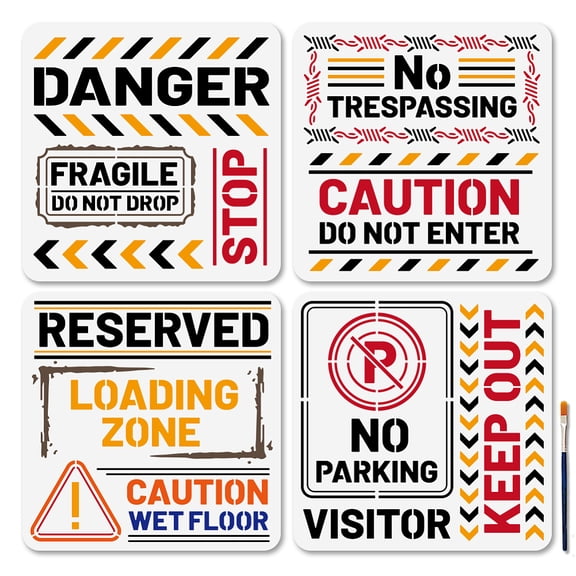 4Pcs Warning Message Stencils 11.811.8inch DO NOT Drop Fragile NO TRESPASSING Warning Text Stencils Warning Sign Templates with Paint Brush for