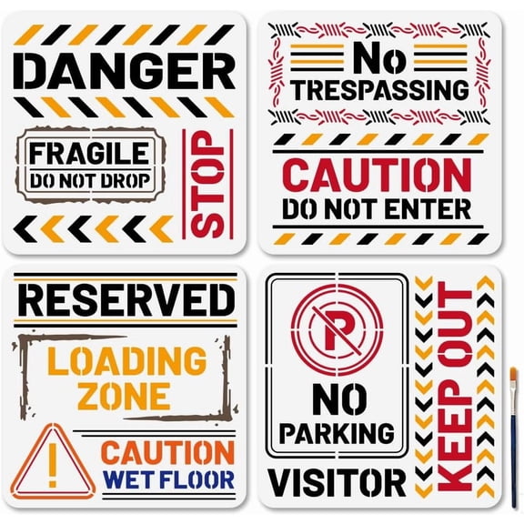 4Pcs Warning Message Stencils 11.811.8inch DO NOT Drop Fragile NO TRESPASSING Warning Text Stencils Warning Sign Templates with Paint Brush for Spray Paint Marking DIY Craft Decor colorful