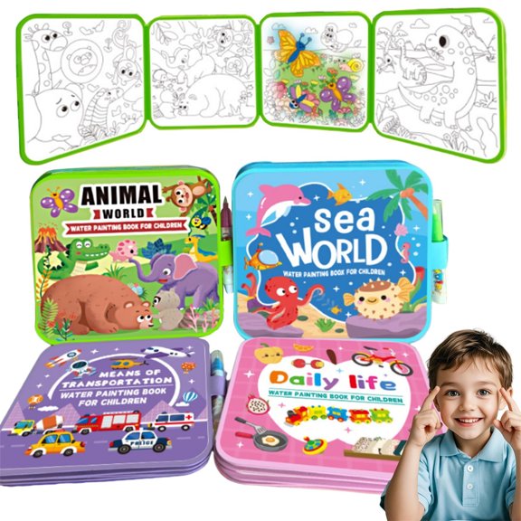 4Pcs Water Coloring Book Under $5! Yannianjz Reusable Water Painting Pad, Magic Water Reveal Art Activity, No Mess Travel Art Set, Educational Toy forChildren, Portable Activity Pad