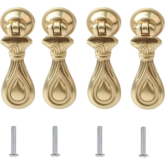 4Pcs Water Drop Flower Drawer Handles - Vintage Zinc Alloy Single Hole Dresser Ring Pulls, Solid Brass Tear Drop Pull Cabinet Handles for Furniture, Cupboard & Wardrobe Door (Gold)