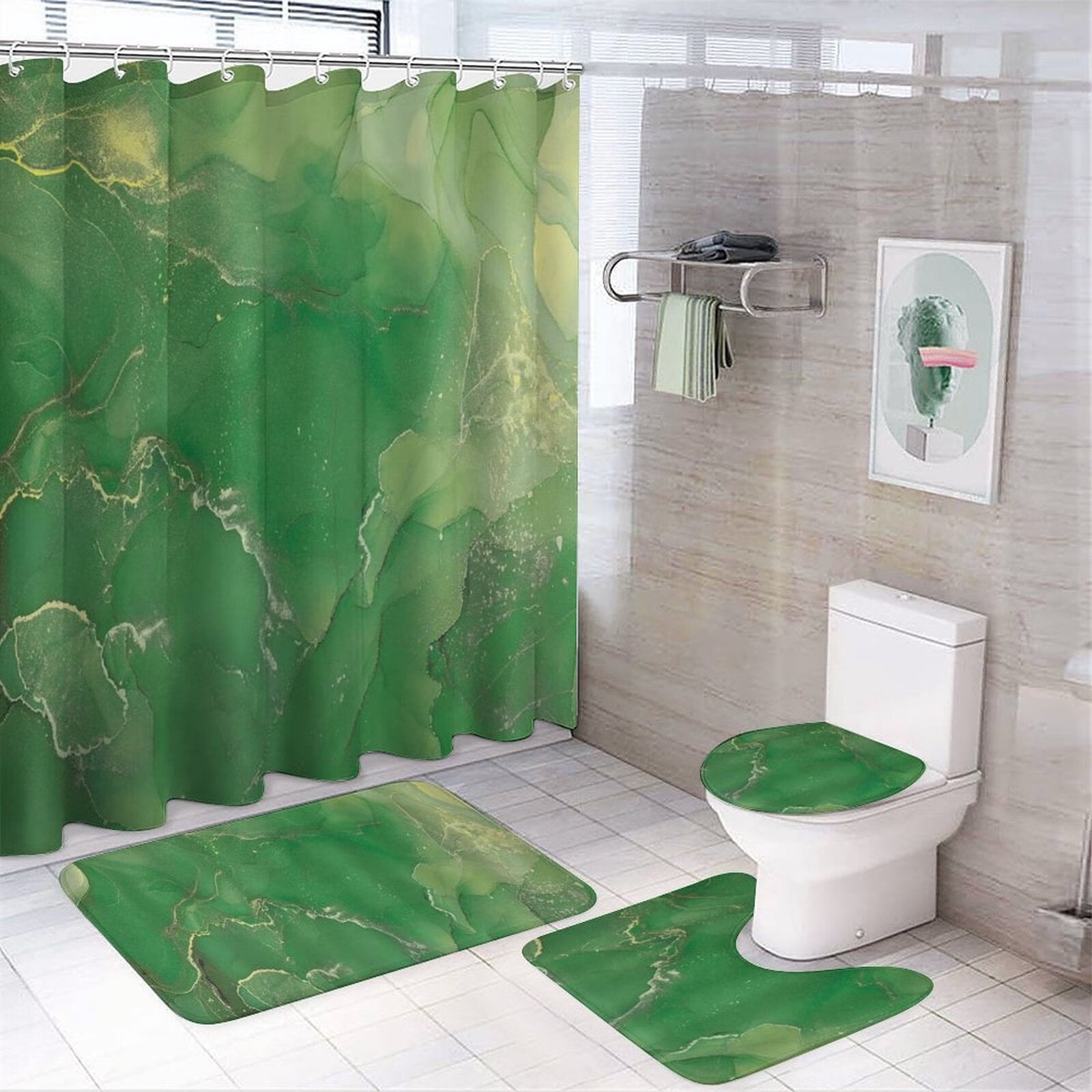 4Pcs Watercolor Abstract Shower Curtains Sets with Rugs, Green Jade
