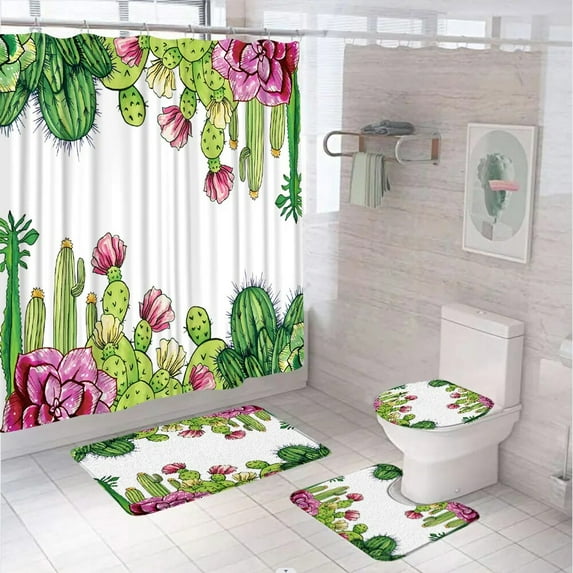 4Pcs Watercolor Cactus Shower Curtain Set with Rug Toilet Lid Cover Bath Mat Tropical Plant Botanical Succulent Bathroom Curtain