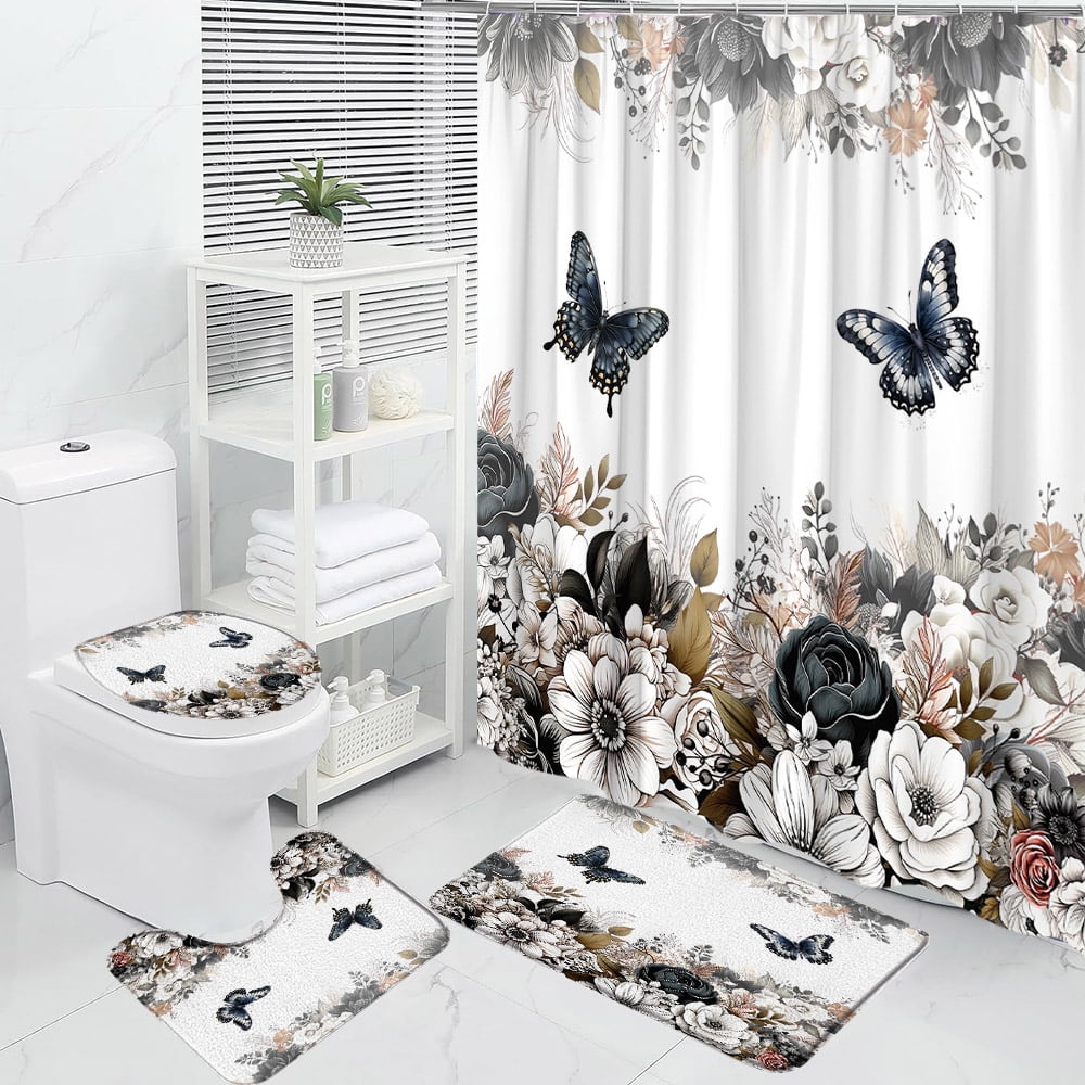 4Pcs Watercolor Floral Shower Curtain Butterfly Farm Landscape Modern Botanical Leaf Bathroom