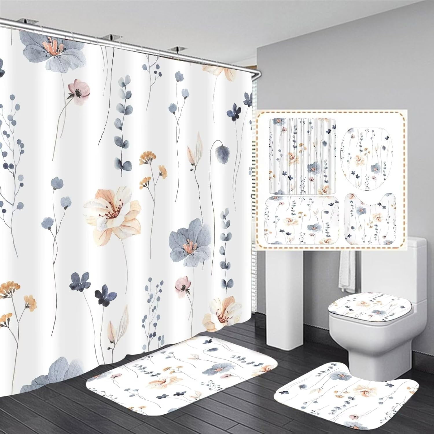 4Pcs Watercolor Flower Shower Curtain Set with Non-Slip Rugs, Toilet ...