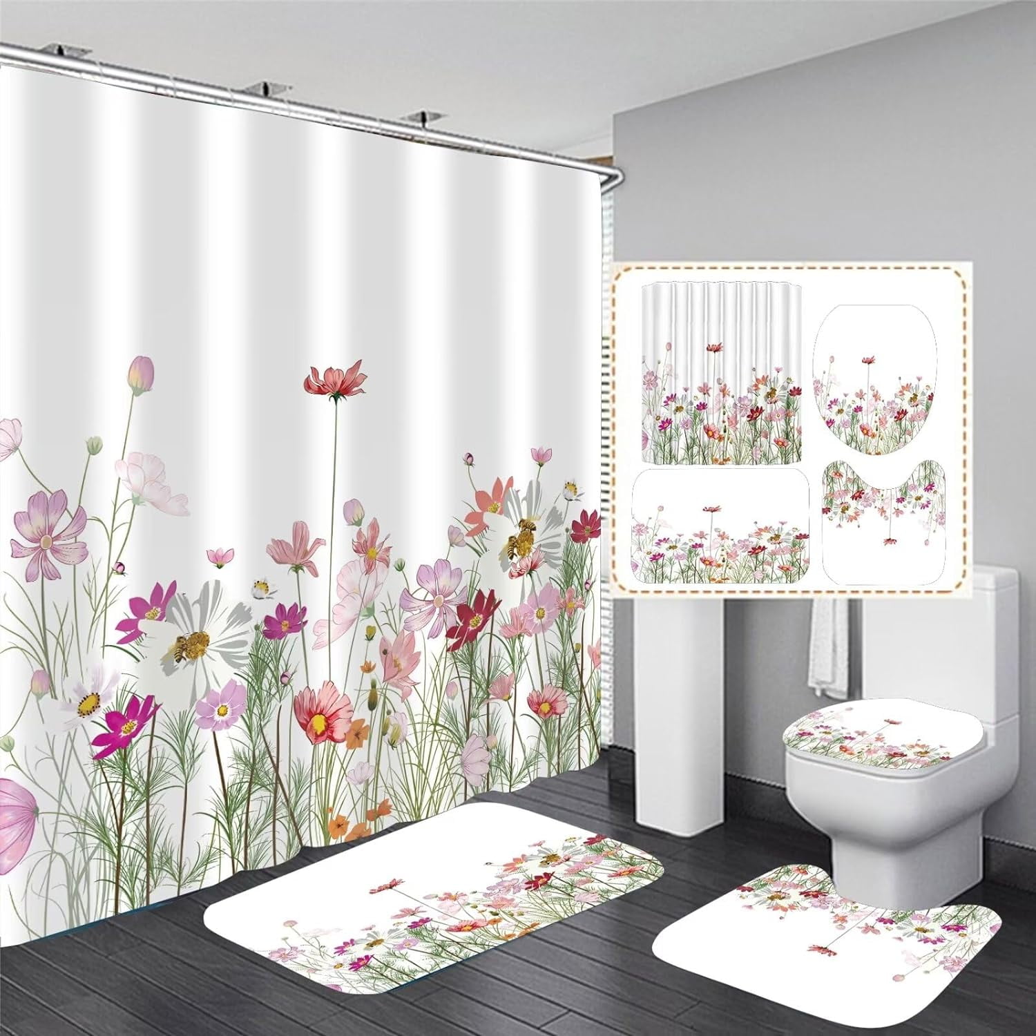 4Pcs Watercolor Flower Shower Curtain Set with NonSlip Rugs, Toilet
