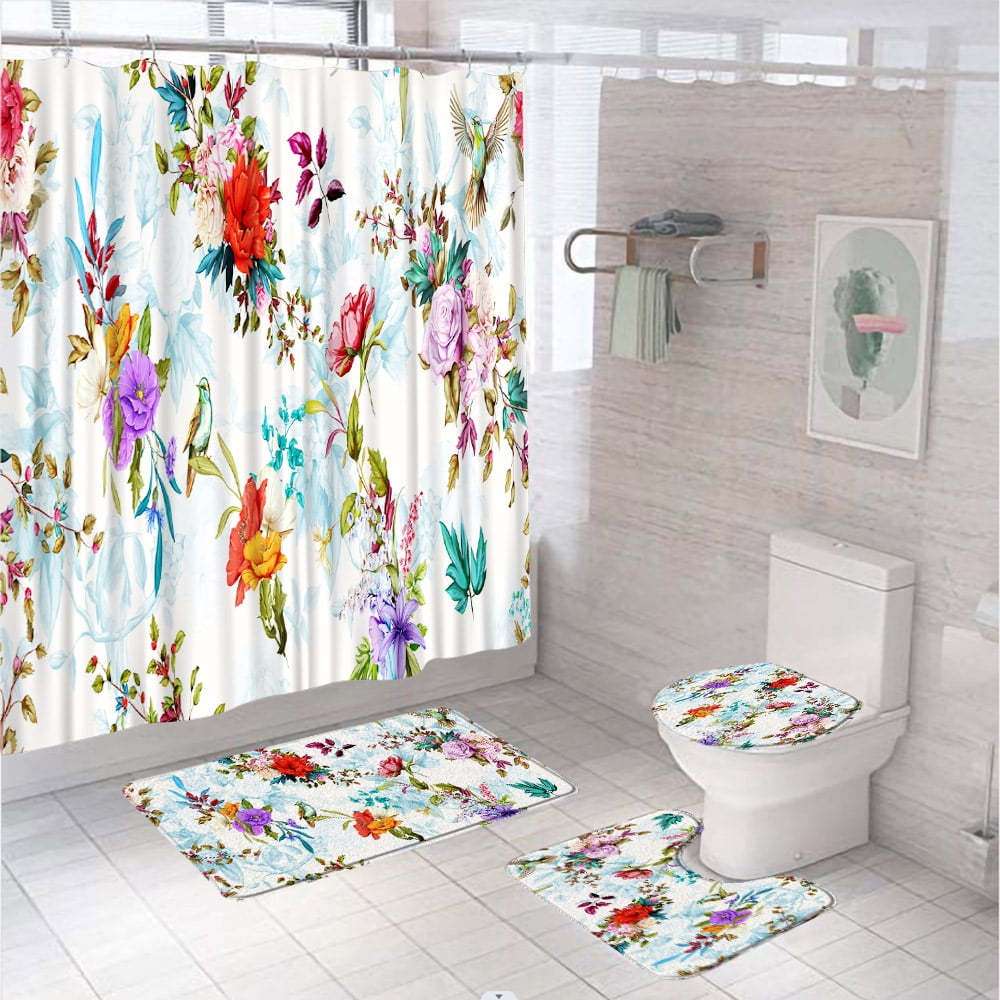 4Pcs Watercolor Flower Shower Curtain Set Summer Plant Palm Leaves ...