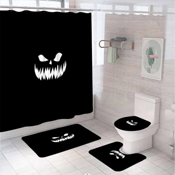 4Pcs Watercolor Halloween Pumpkins Lantern Shower Curtains Set Kids Bathroom Decor Non-Slip Bath Mat Rug Carpet Toilet Lid Cover