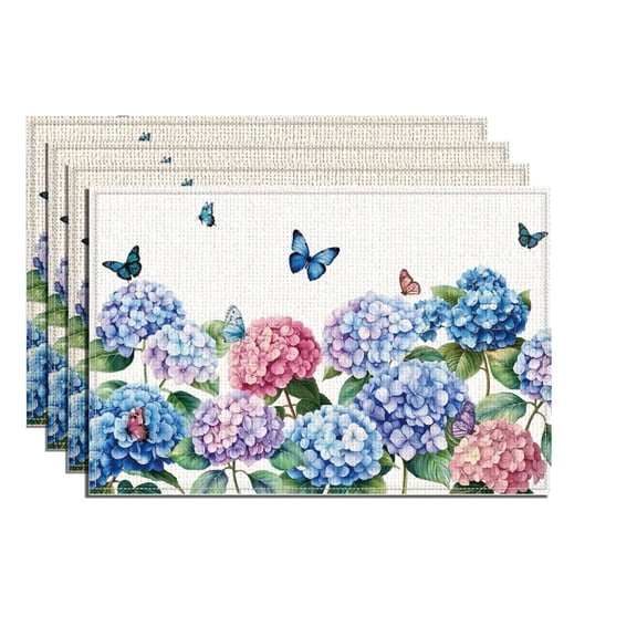 4Pcs Watercolor Hydrangea Placemats for Dining Table, 18x12 Inch Flower Butterflies Printed Linen Table Mat Spring Summer Heat-resistant Place Mat for Kitchen Party Home Wedding Table Decor