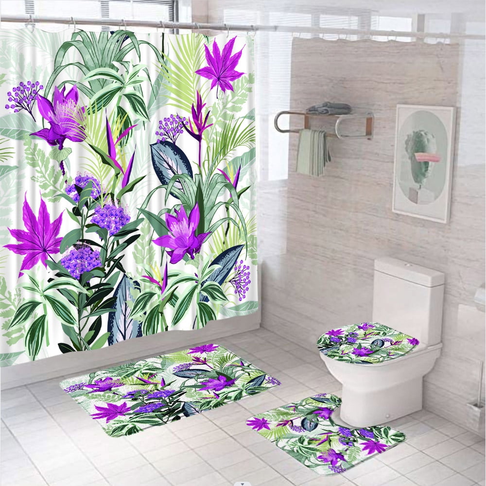 4Pcs Watercolor Pink Floral Bathroom Set Shower Curtain NonSlip Rug