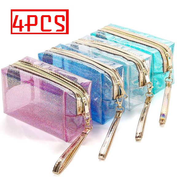 4Pcs Waterproof Cosmetic Bags PVC Transparent Zippered Toiletry Bag with Handle Strap Portable Clear Makeup Bag Pouch for Bathroom
