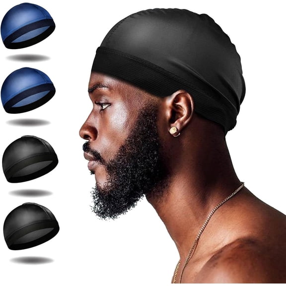 4Pcs Wave Cap, Silk Stocking Wave Caps for 360 Waves, Silky Durag for Men, Stain Caps (2*Blue 2*Black)