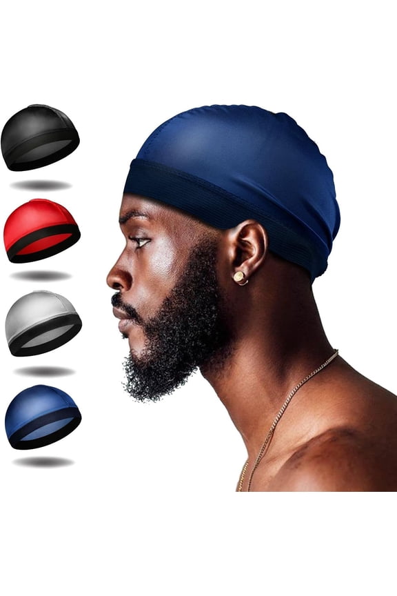 4Pcs Wave Cap, Silk Stocking Wave Caps for 360 Waves, Silky Durag for Men, Stain Caps (2*Blue 2*Black)