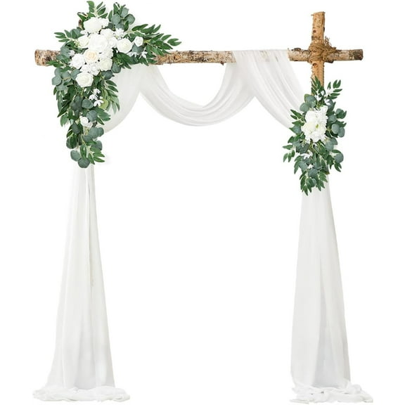 4Pcs Wedding Arch Flowers Kit 2Pcs Artificial Flower Swag with 2Pcs Arch Draping Fabric for Wedding Ceremony and Reception Backdrop Decoration (White)
