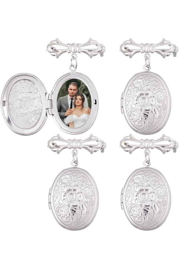 4Pcs Wedding Bouquet Photo Charm Silver Oval Photo Charm 304 Stainless Steel Bouquet Photo Locket Charms Bow Tie Wedding Memorial Brooches Pins DIY Pin Brooch Making for Bridal