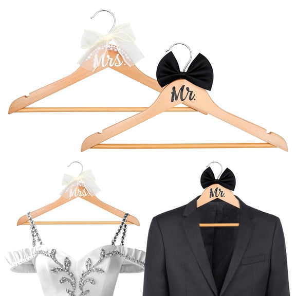 4Pcs Wedding Dress Hanger with Bow Pearl Bride and Groom Gown Toast Dress Tuxedo Suit Wooden Anti Slip Hanger Wedding Favor