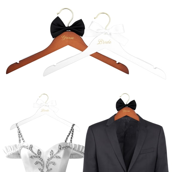 4Pcs Wedding Dress Hanger with Bow Pearl Bride and Groom Gown Toast Dress Tuxedo Suit Wooden Anti Slip Hanger Wedding Favor