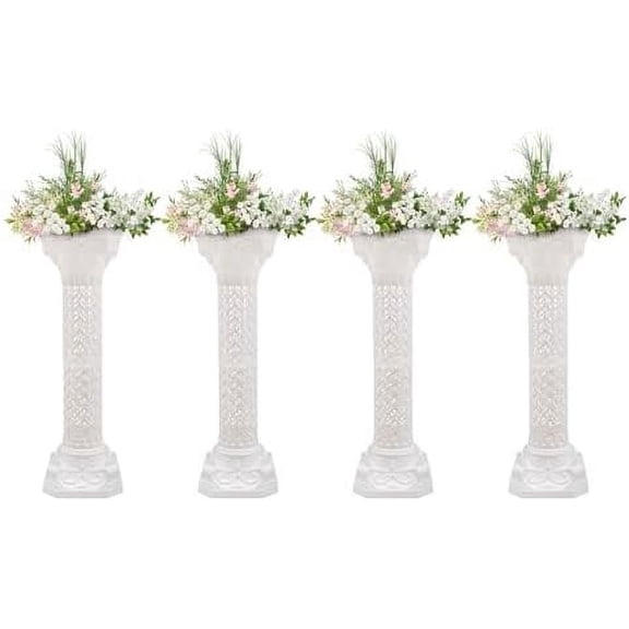 4Pcs Wedding Roman Column Pillars Set, 10.63 x 34.65In Plastic Roman Columns and Pillars, Pillars for Decoration, White Elegant Pedestal Stands for Decorating Gardens, Parties