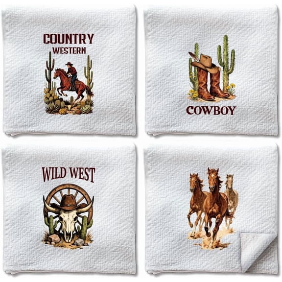 4Pcs Western Cowboy Hand Towels Funny Country Wild West Rodeo Dish Towels 24 x 16 Inch Microfiber Absorbent Soft Tea Dishcloths