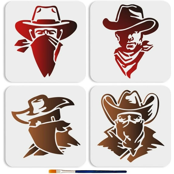 4Pcs Western Cowboy Pattern Template 7.9x7.9inchs Scarf Cowboy Character Painting Stencil Reusable PET Hollow Drawing Templates for Wall Home Decor DIY Art Craft Canvas