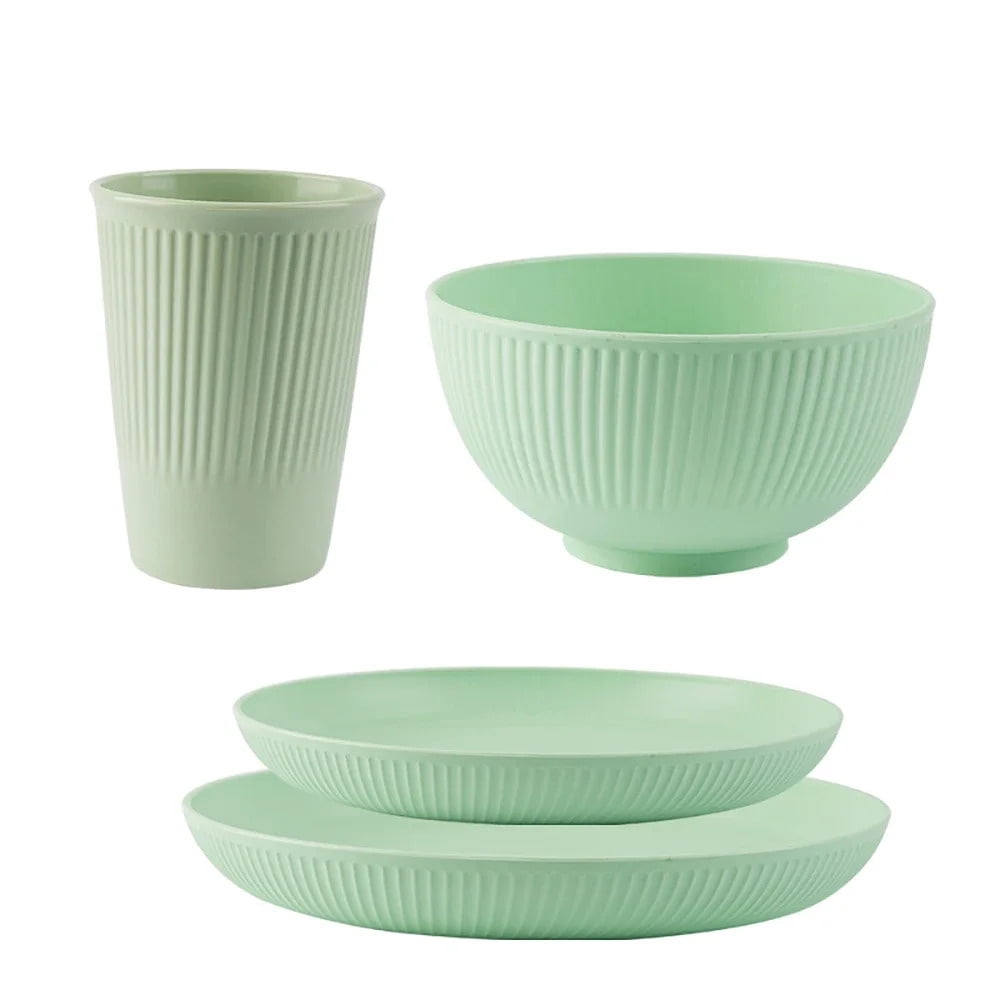Straw Tableware 4Pcs Wheat Straw Tableware Set Plate Dish Bowl Cup Unbreakable Kitchen ...