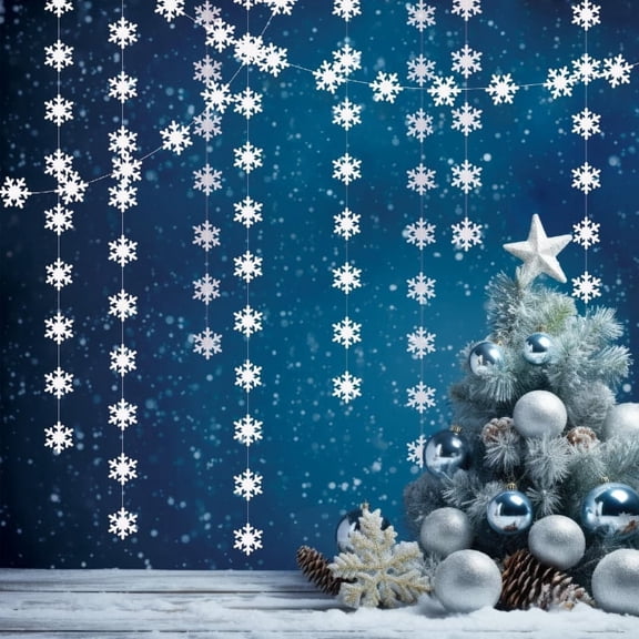 4Pcs White Snow Flake Hanging Paper Garlands Streamer Backdrops for Winter Wonderland Party Decorations for Birthday Holiday Baby Shower Office Classroom Winter Party Decortionas Supplies