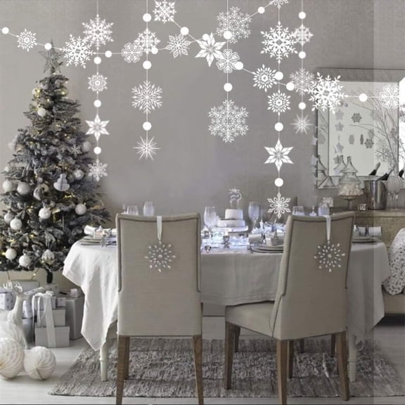 4Pcs White Snowflake Garland Hanging Plastic Banners Backdrops for Winter Wonderland Party Decorations Christmas Birthday Baby Shower Wedding Party Decorations Home Ceiling Supplies