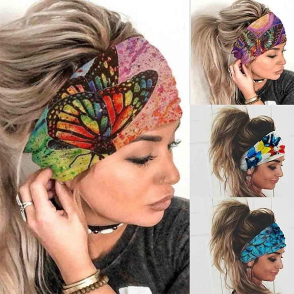 4Pcs Wide Boho Headbands Headwrap Butterfly Stretch Button Hair Bands Bandana Yoga Running Athletic Turban Head Bands Head Scarfs Hair Accessories for Women