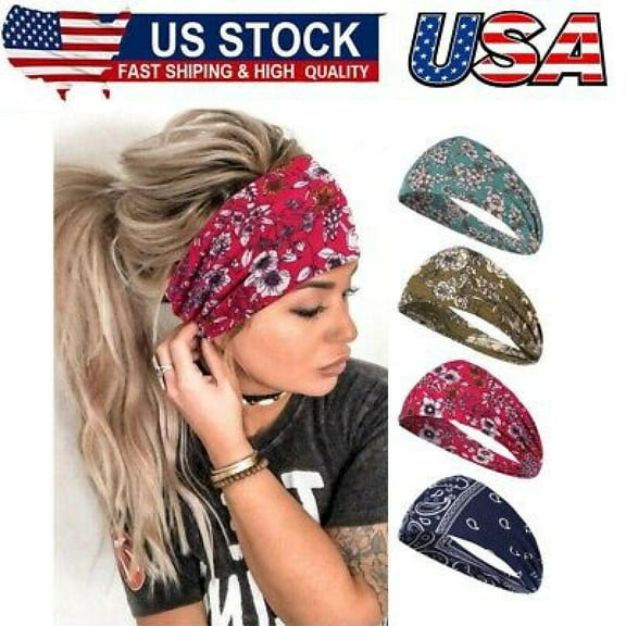 4Pcs Wide Headbands for Women,Boho Bandeau Head Bands,Workout Head Wraps,Stretch