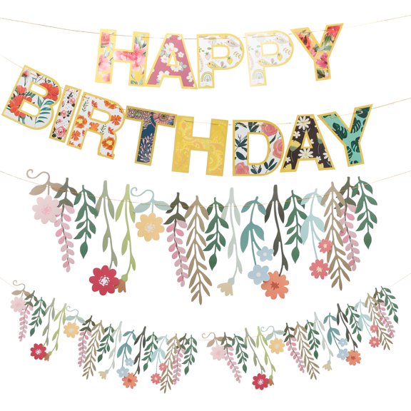 4Pcs Wildflower Birthday Party Decor Hanging Wildflower Decorative Banner Floral Happy Birthday Banner Flower Decor for Wedding Party Decorations