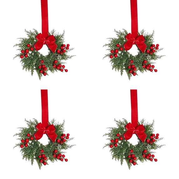 4Pcs Window Christmas Wreaths with Bow and Red Berries,10.6inch Mini Artificial Christmas Wreaths for Front Door Mantel Kitchen Cabinet Winter Xmas Decoration