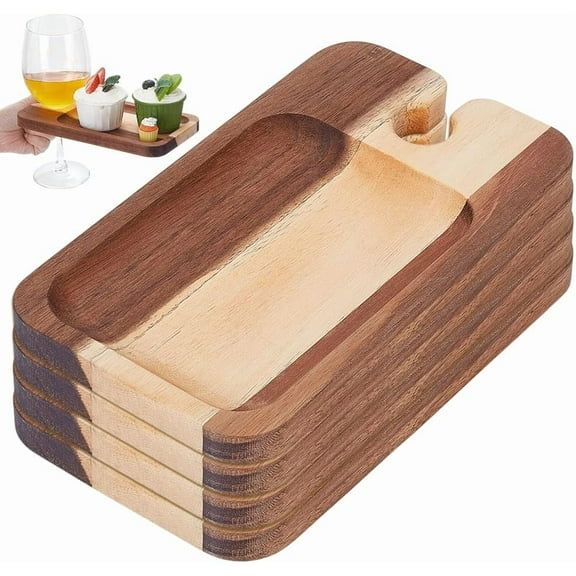 4Pcs Wine Appetizer Plates Wood Cocktail Plate with Glass Holder Camel Cheese Board with Wine Holder for Family Gatherings Picnic Parties 8.26"x4.72"x0.59" Camel