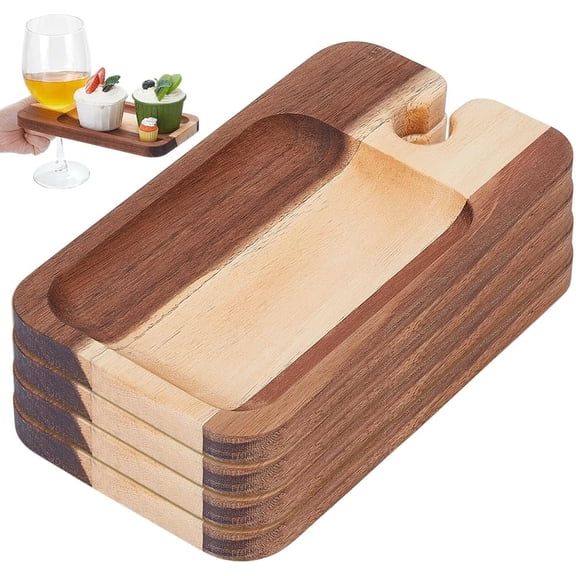 4Pcs Wine Appetizer Plates Wood Cocktail Plate with Glass Holder Camel Cheese Board with Wine Holder for Family Gatherings Picnic Parties 8.26"x4.72"x0.59"