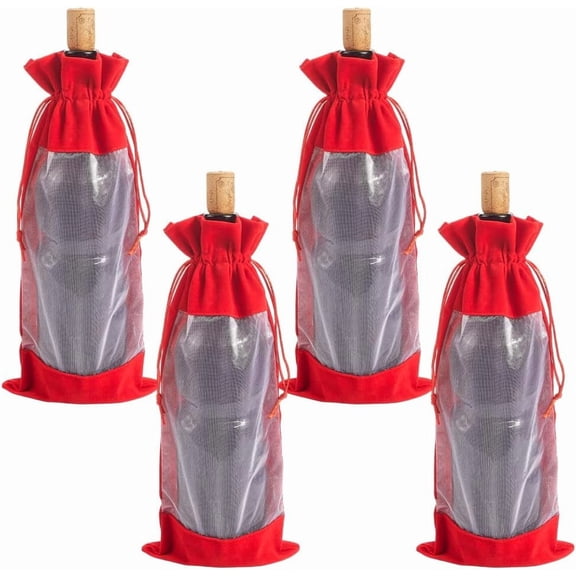 4Pcs Wine Bottle Gift Bags Velvet Wine Bags Window Drawstring Pouches for DIY