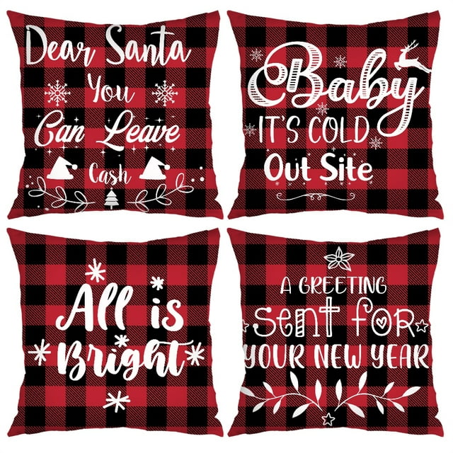 4Pcs Winter Farmhouse Throw Pillows Cover Decorations Holiday Buffalo Plaid Pillow Covers 18x18 Merry Christmas Pillows for Couch Sofa Home Decor Xmas Cushion Covers Outdoor Decor