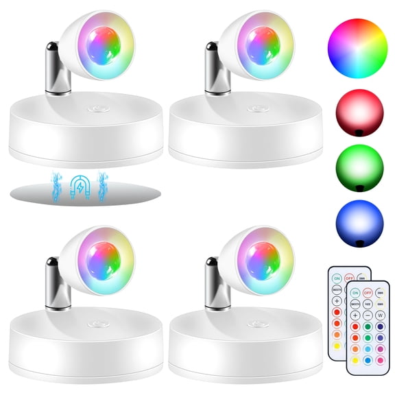 4Pcs Wireless Spotlight Indoor, LED Tree Spot Lights Battery Operated, RGBW Magnetic Plant Uplight, Accent Lights with Remote, Picture Lights for Display Art Dartboard